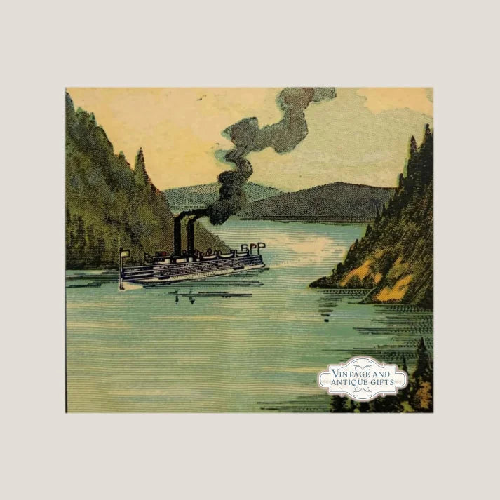 Steamboat cruising a river gorge with black smoke, adding classic charm to Hudson River art