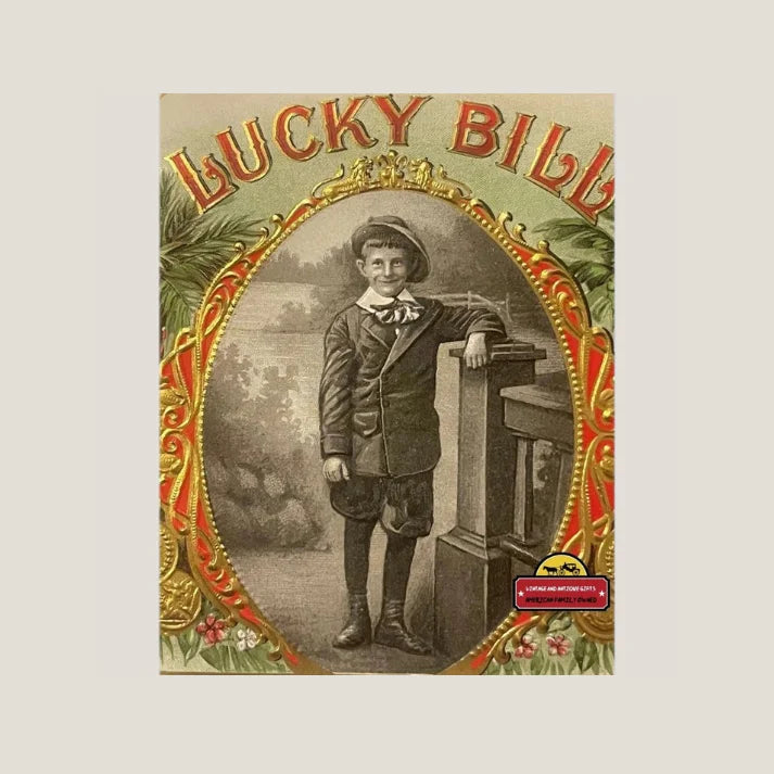 Vintage Lucky Bill tobacco label with ornate frame and floral accents, 1900s design