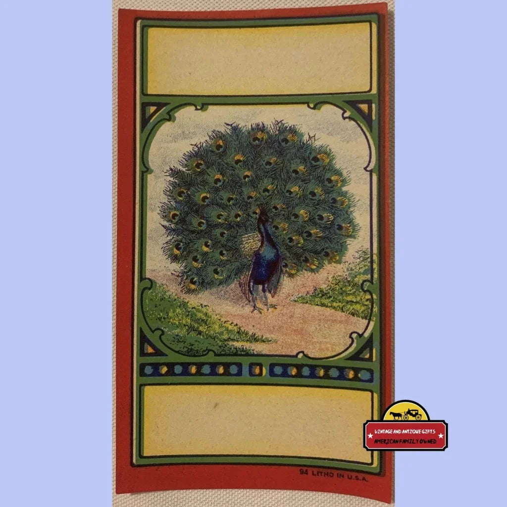 Peacock with fanned tail feathers on Rare Antique Peacock Broom Label from Mercer Broom Co Inc