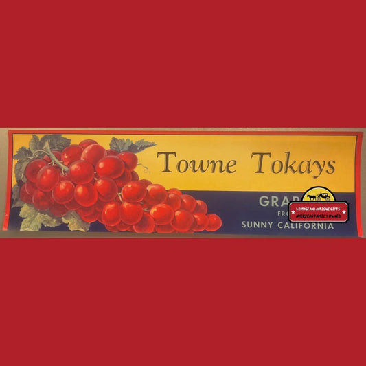 Vintage fruit crate label with red grapes and Towne Tokays text from 1940s California