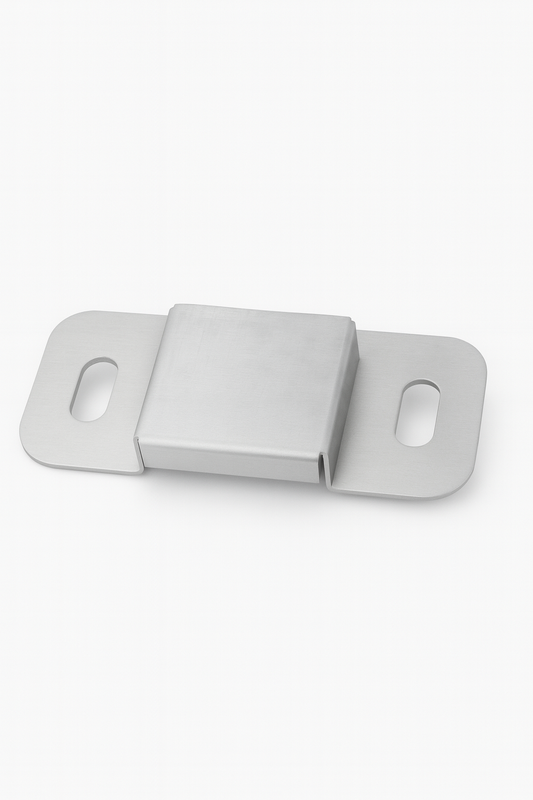 Two white mounting brackets with oval cutouts connected by a central rectangular piece, angled view on white background.