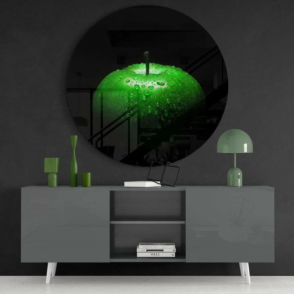 Stunning Green Apple Tempered Glass Art with Water Droplets | Contemporary Home Wall Art | vintageantiquesgifts.com