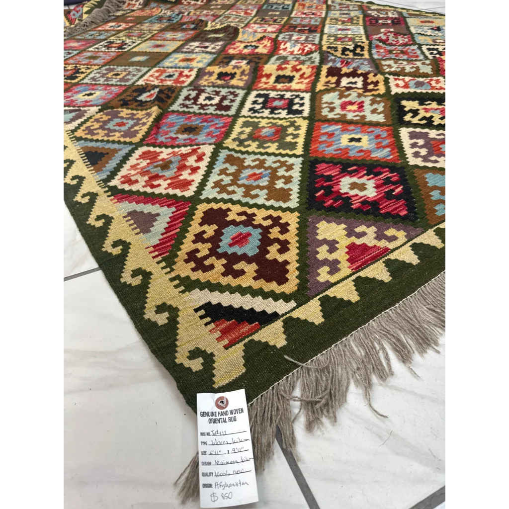 Vibrant hand-woven Afghan kilim rug in geometric patchwork, MLB career reds and blues