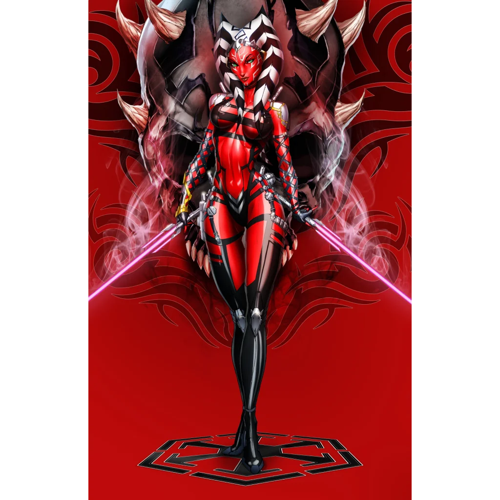 Red and black cyberpunk bodysuit with laser accents on apprentice Sith standing virgin comic exclusive