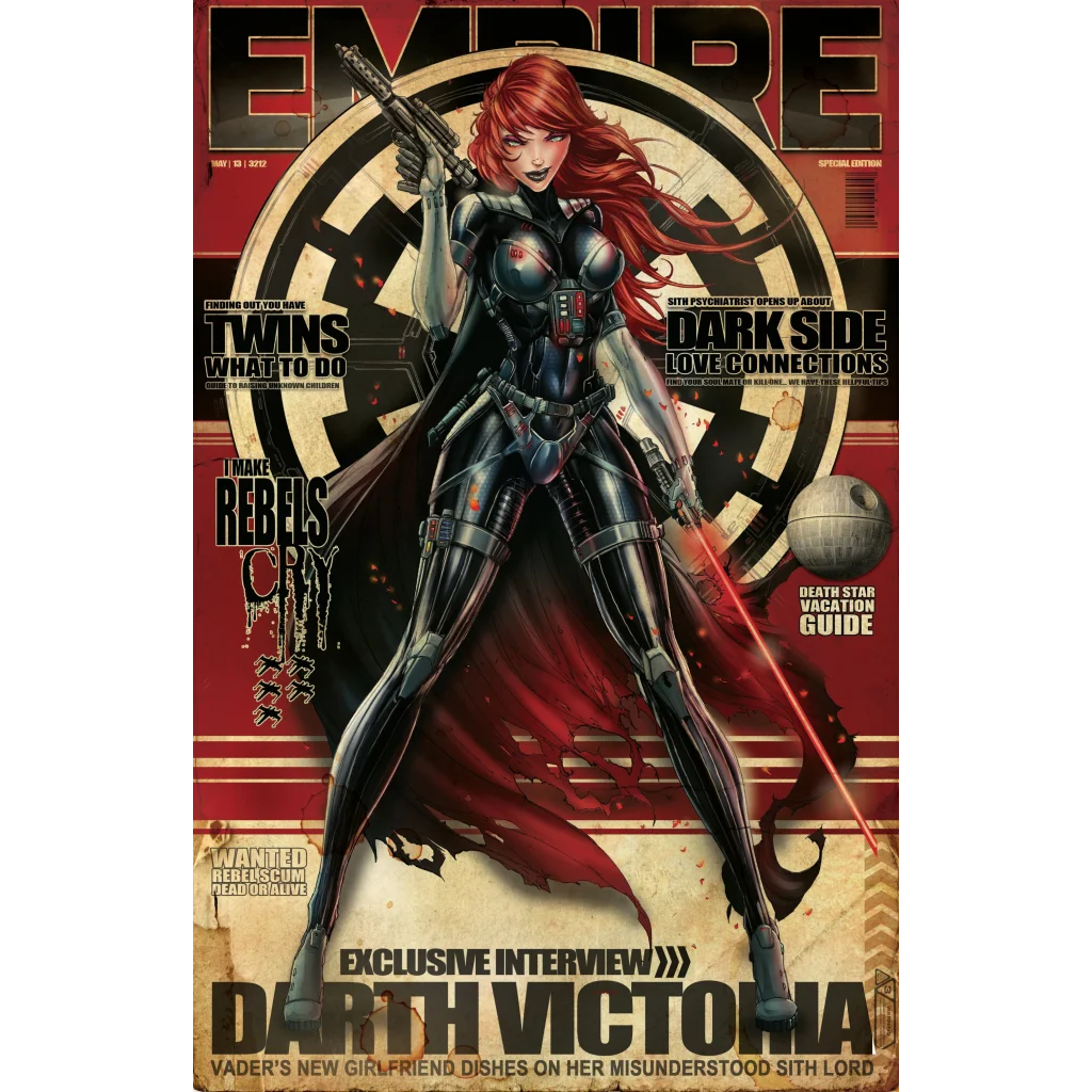 Black and red armored female warrior with flowing hair holding blaster rifle on brushed aluminum print