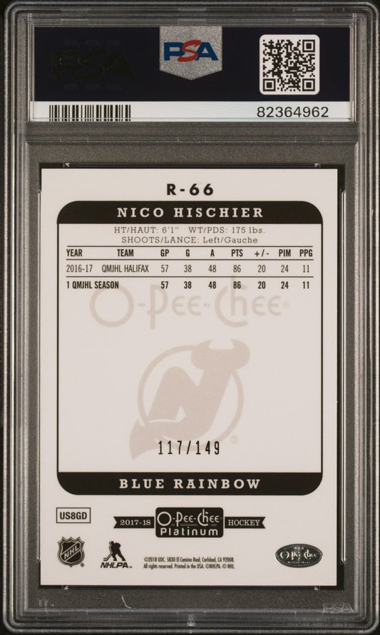 Back of PSA-graded Nico Hischier hockey card showing statistics, blue rainbow parallel designation 117/149, and black PSA holder frame.