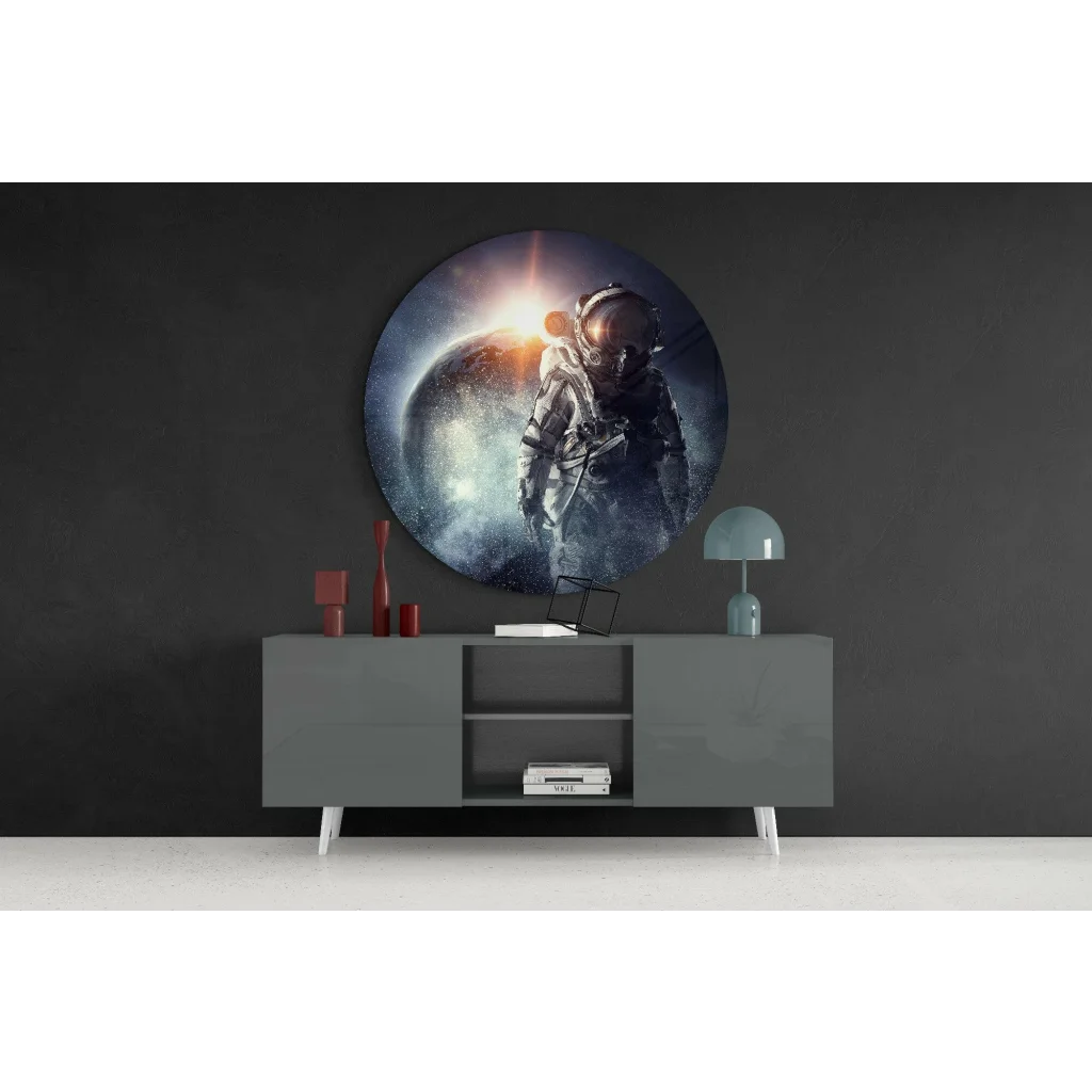 Vibrant astronaut tempered glass art on cosmic backdrop, size comparison shown