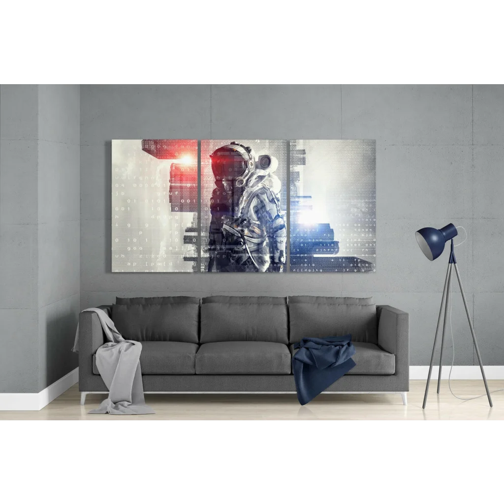 Futuristic astronaut triptych canvas wall art with glitch effect