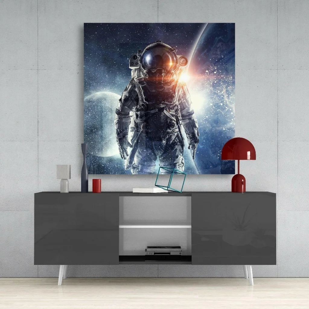 Stunning black-and-gray astronaut glass wall art print with cosmic backdrop