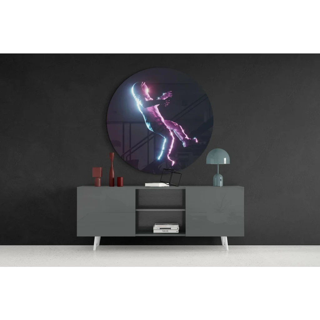 Neon Astronaut Tempered Glass Art With Size Comparison Guide | Contemporary Home Wall Art | vintageantiquesgifts.com