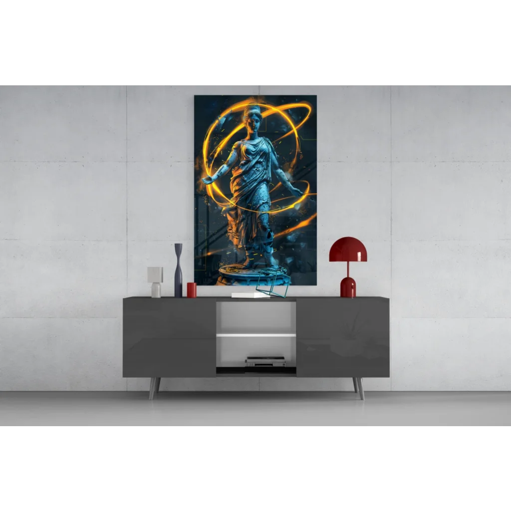 Athena statue with golden energy rings glass wall art canvas print