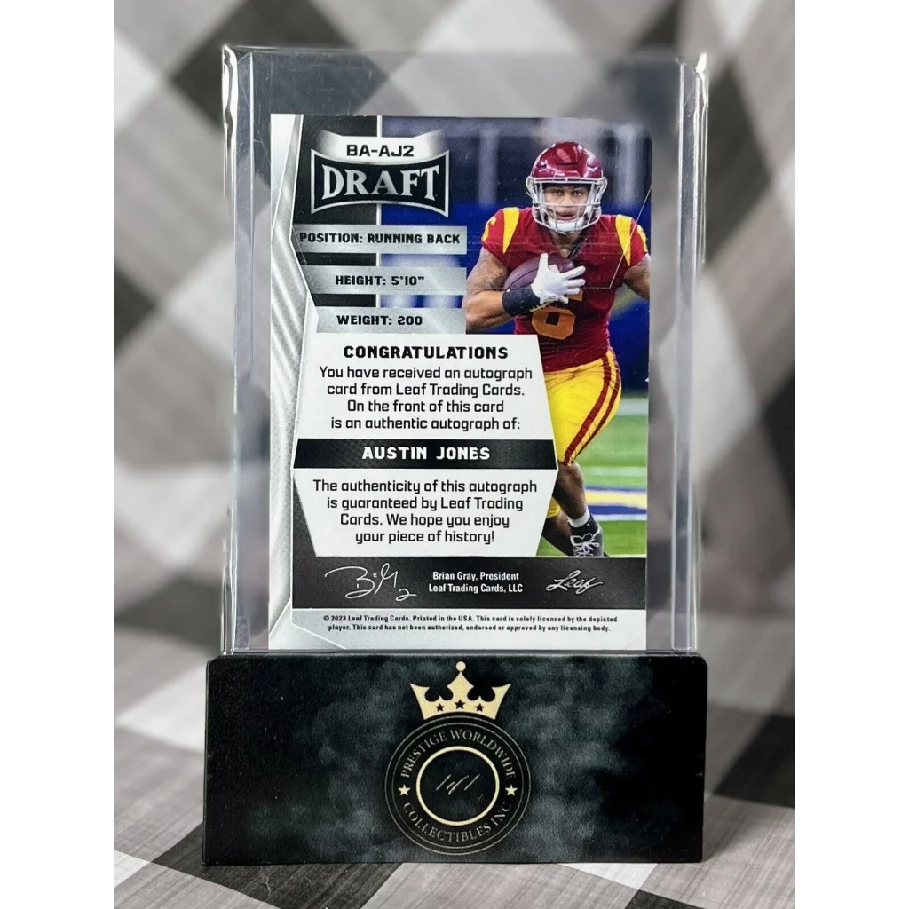 2019 Leaf Draft Austin Jones football card in acrylic case from Prestige Worldwide Collectibles