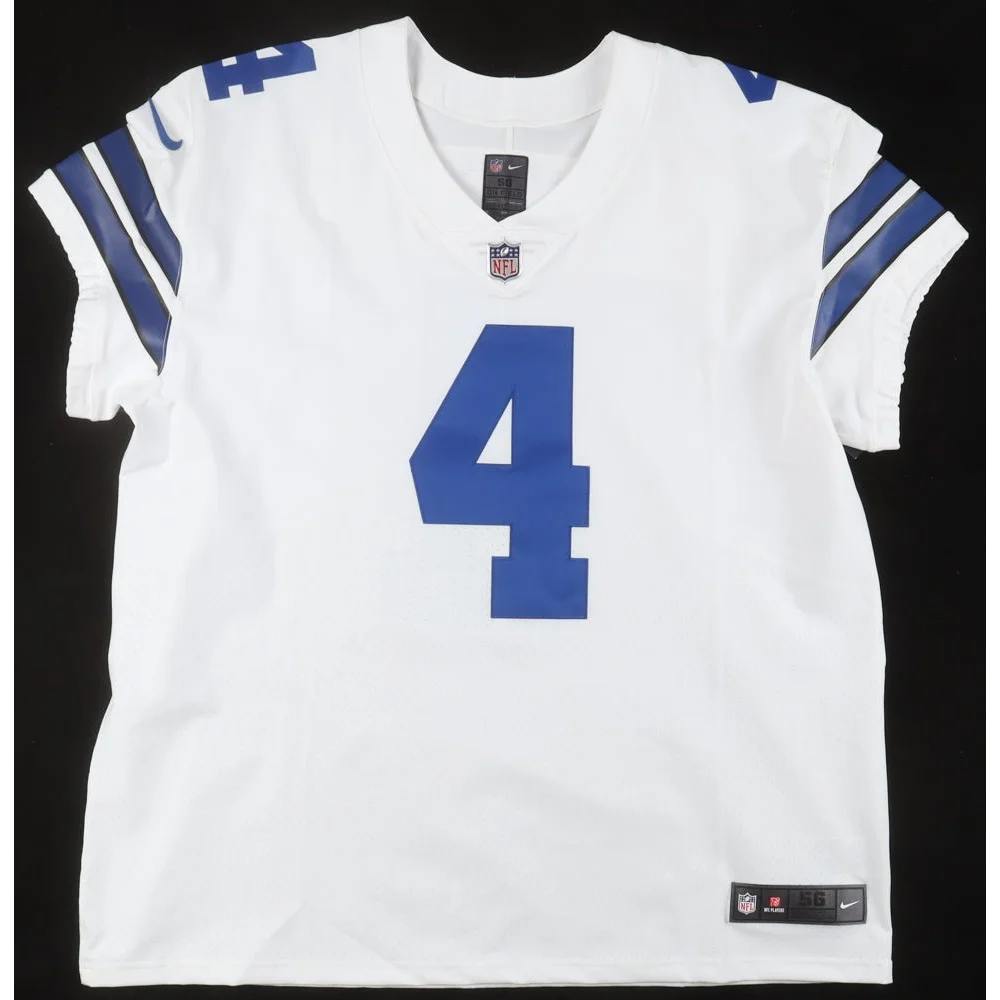 White Dak Prescott signed Cowboys jersey with blue number 4 and Beckett certificate