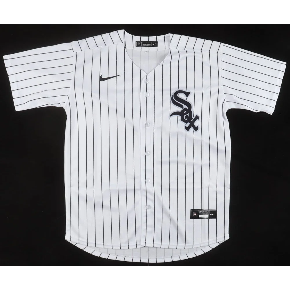 White pinstriped baseball jersey with black Sox logo signed by Frank Thomas