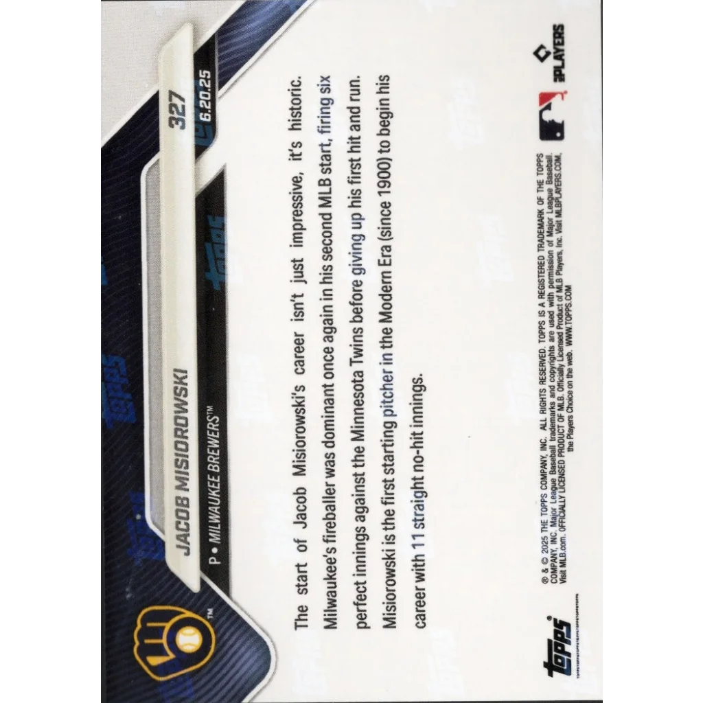 Back of Authentic Jacob Misiorowski Baseball Trading Card with Certification showing details