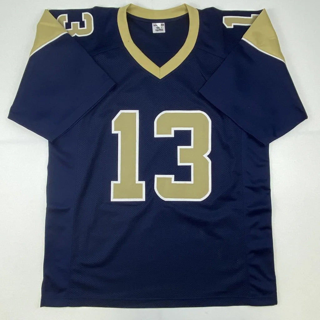 Navy blue and gold custom jersey with number 13 from a professional sports league