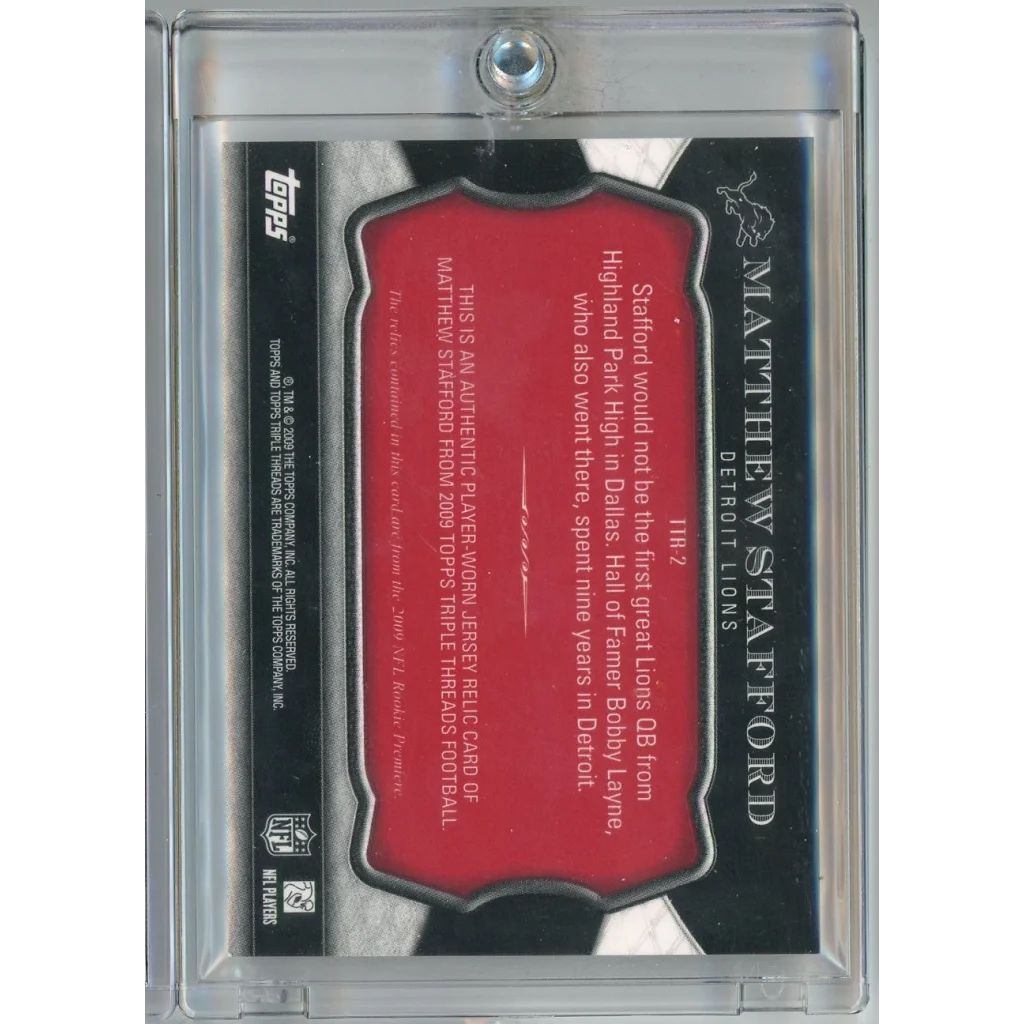 Authentic Matthew Stafford Lions Triple Threads Jersey Card in a protective case