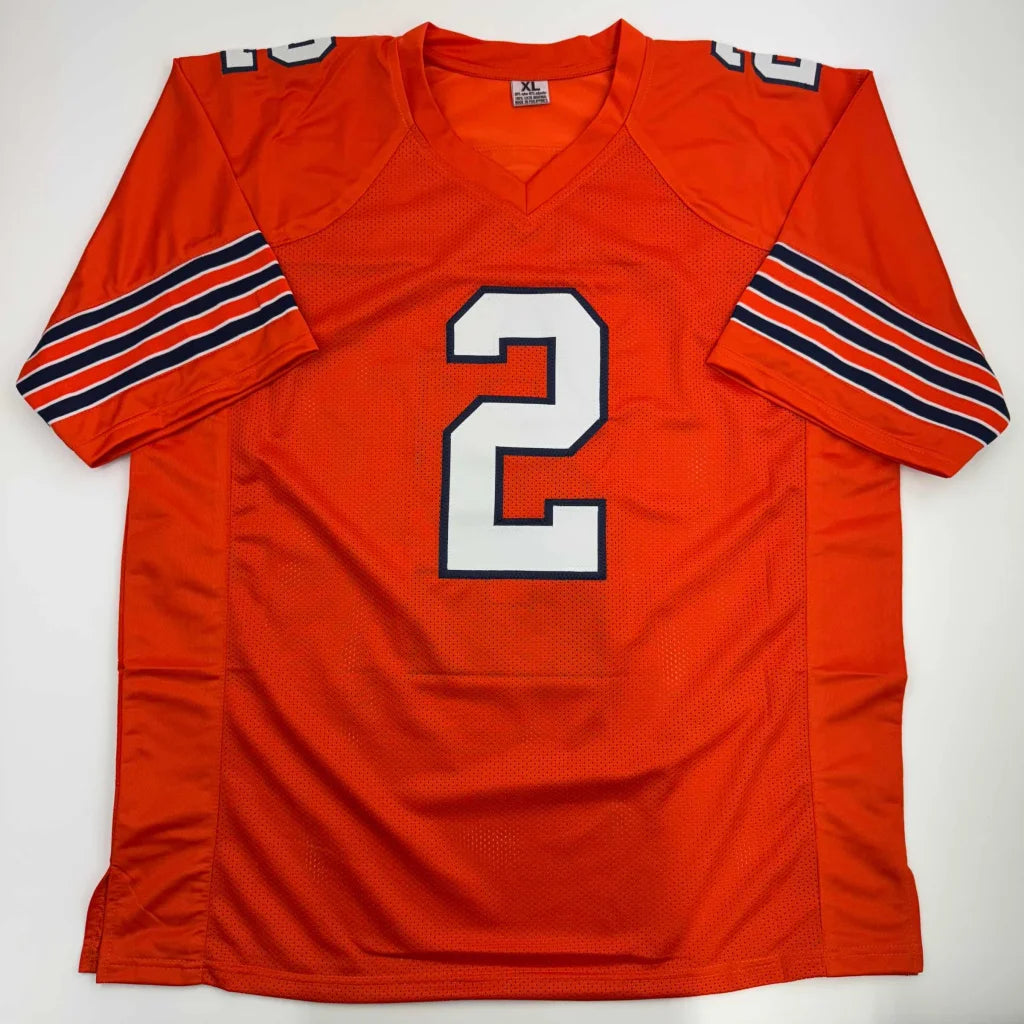 Orange custom jersey with number 2, navy stripes, for professional sports league fans