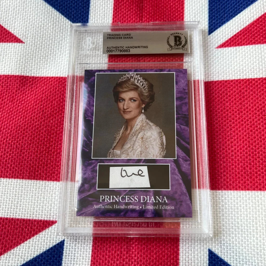 A purple-bordered princess diana handwritten letter trading card featuring a white lace gown and tiara in protective packaging