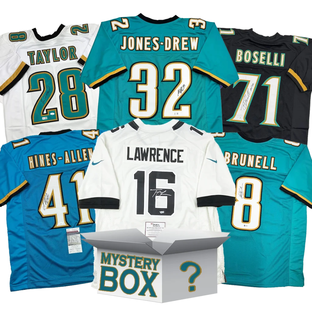 Autographed Jacksonville football jersey mystery box with teal, white, black jerseys