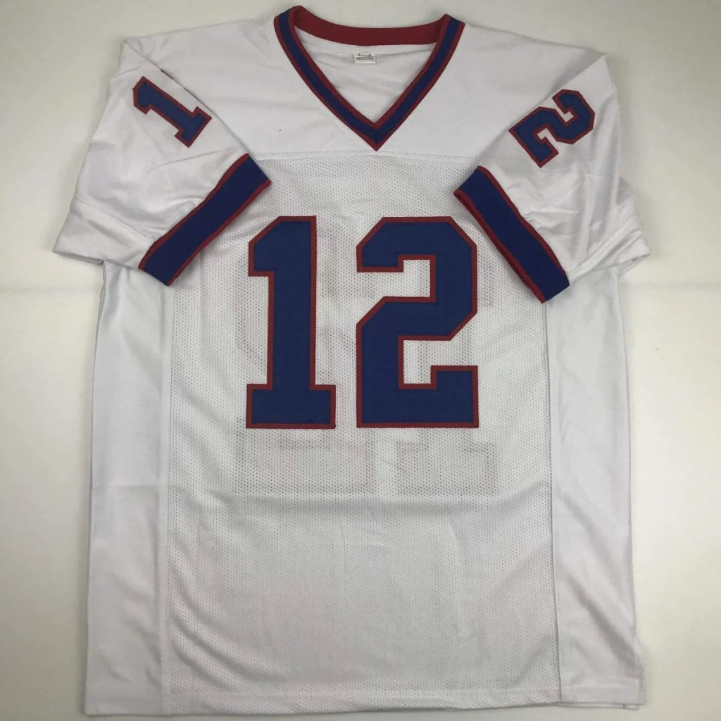 Autographed Kelly 12 custom football jersey with blue number 12 and red trim for pro sports