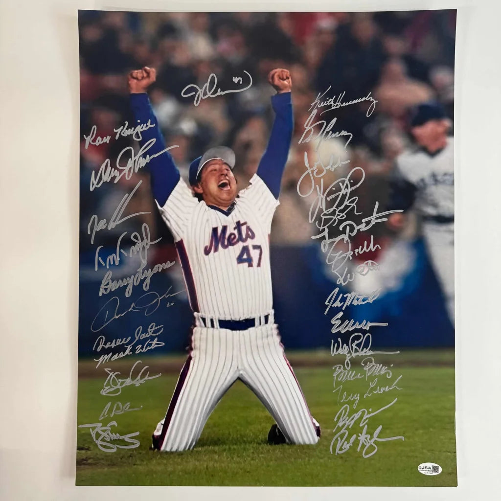 Autographed Mets player 47 in pinstripes from 1986 World Series photo
