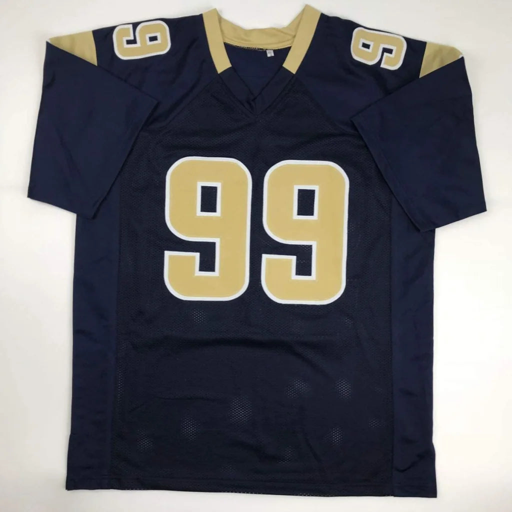 Dark blue Aaron Donald signed Rams jersey with 99 in gold and white for professional sports league fans