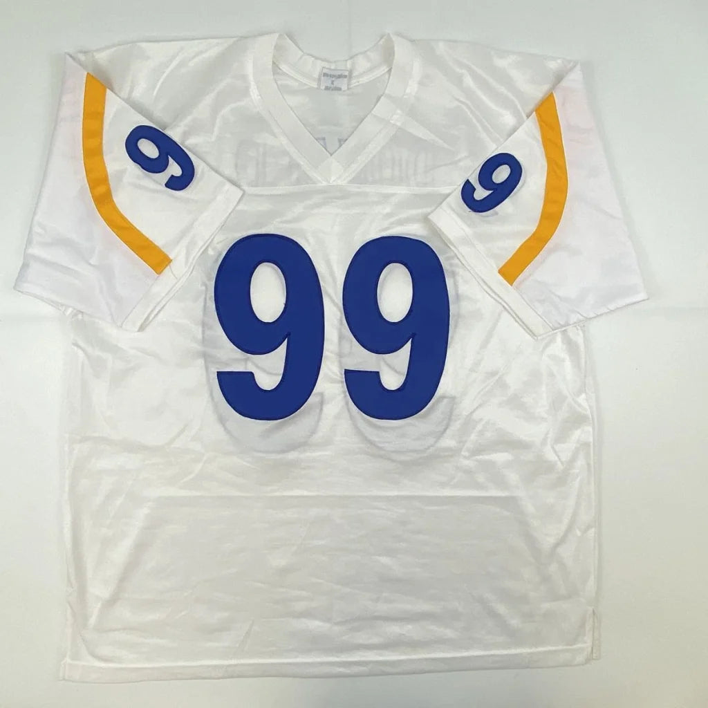 White custom jersey from Professional Sports League with blue 99 and yellow stripes