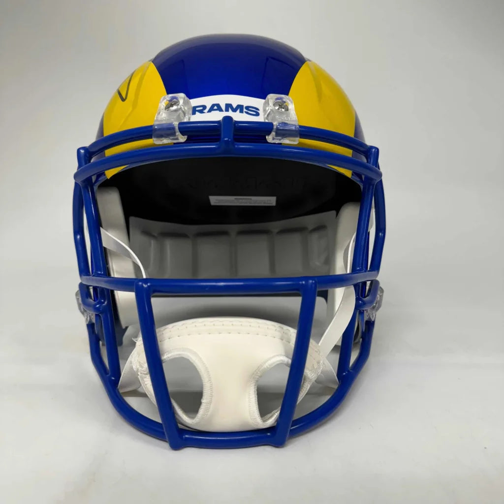 Blue and yellow LA Rams helmet with third party authentication and blue face mask