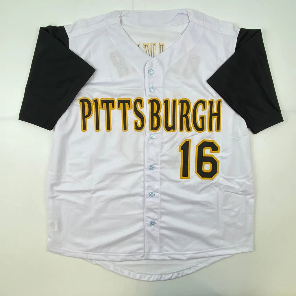 White baseball jersey with black sleeves and gold black numbers from Authentic OLIVER 16 custom jersey for professional sports league