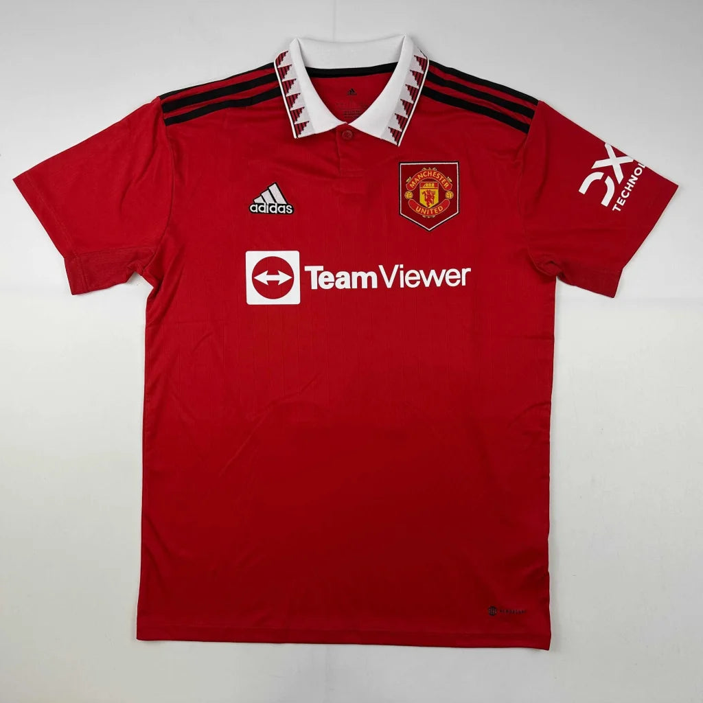 Red short-sleeved Manchester United Garnacho jersey with a cool collar, ready to ship