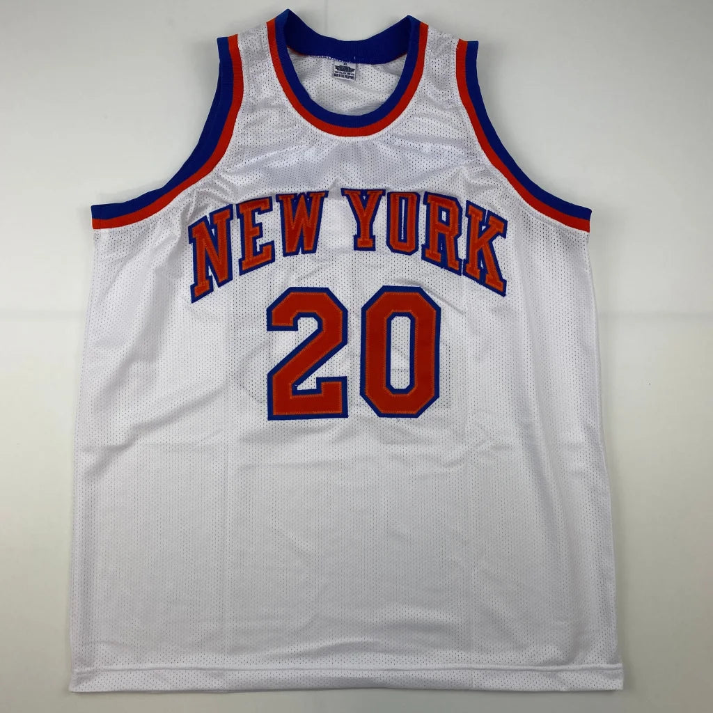 White mesh Allan Houston custom basketball jersey with NEW YORK 20 in orange and blue trim