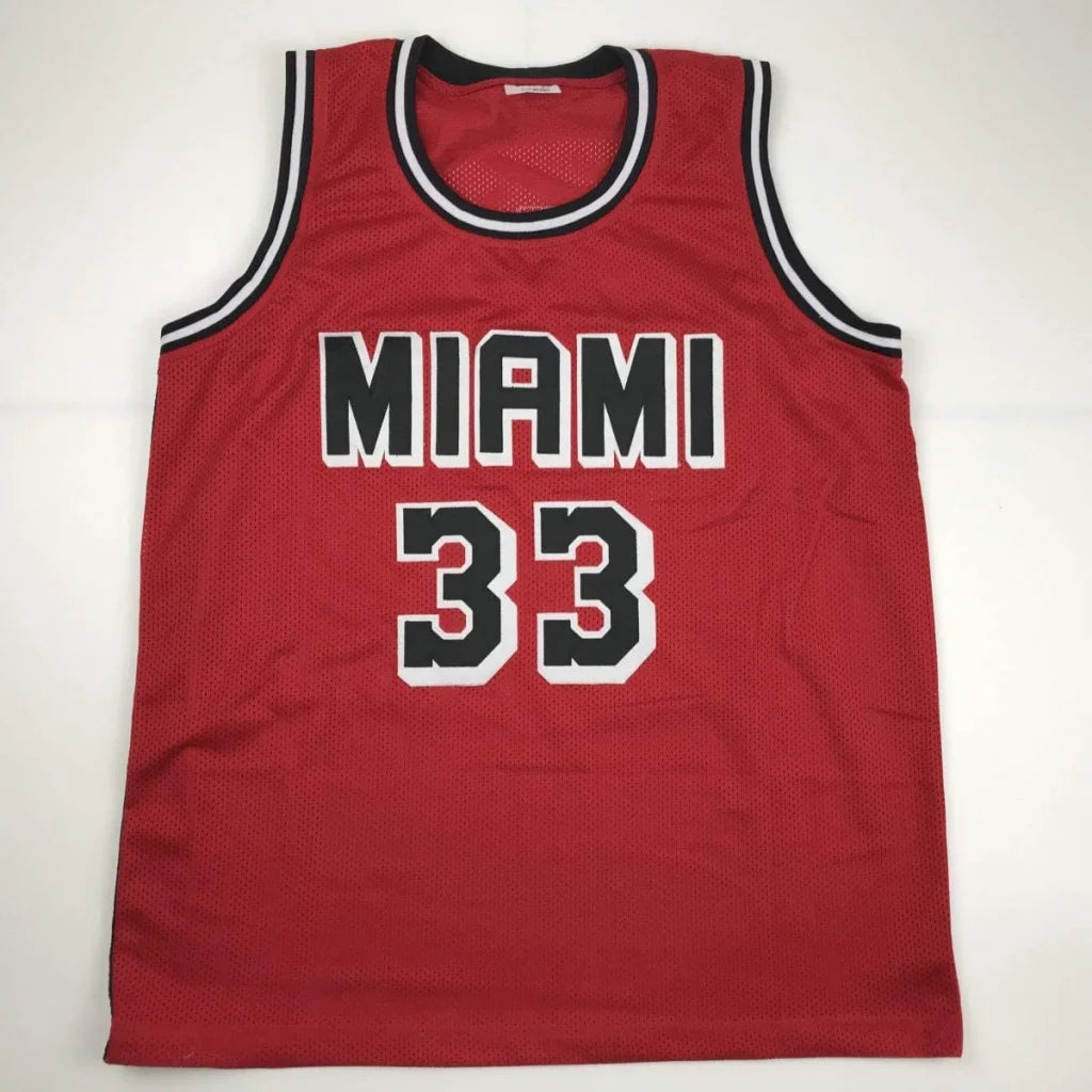 Red Miami basketball jersey with MIAMI 33 lettering, perfect for custom jersey fans