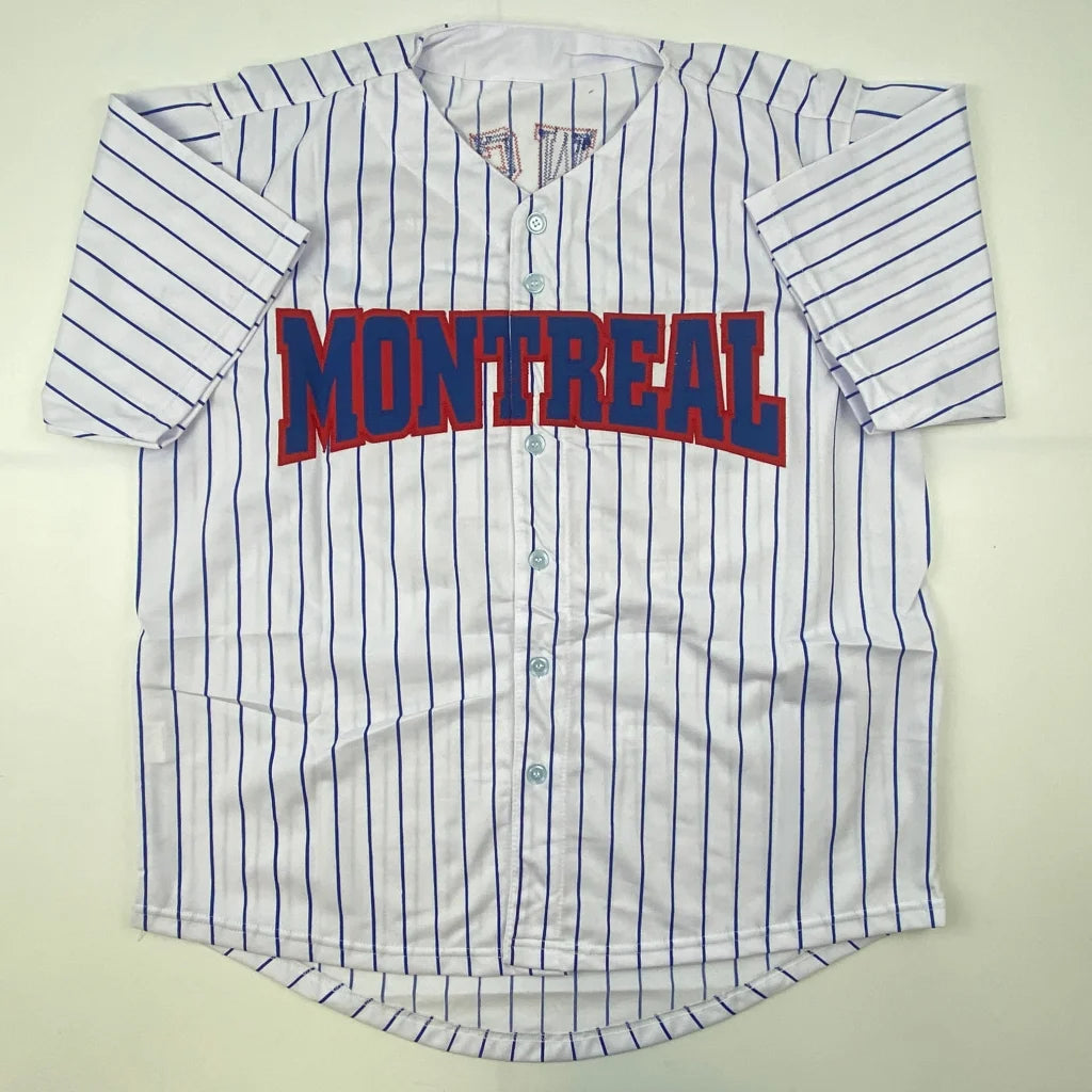White custom jersey with blue pinstripes and MONTREAL for professional sports league fans