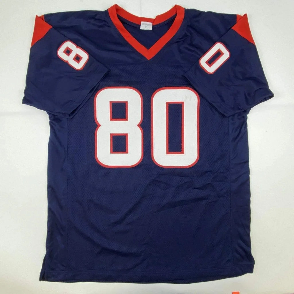 Custom Navy Blue Football Jersey from Professional Sports League with Red Trim and White Numbers