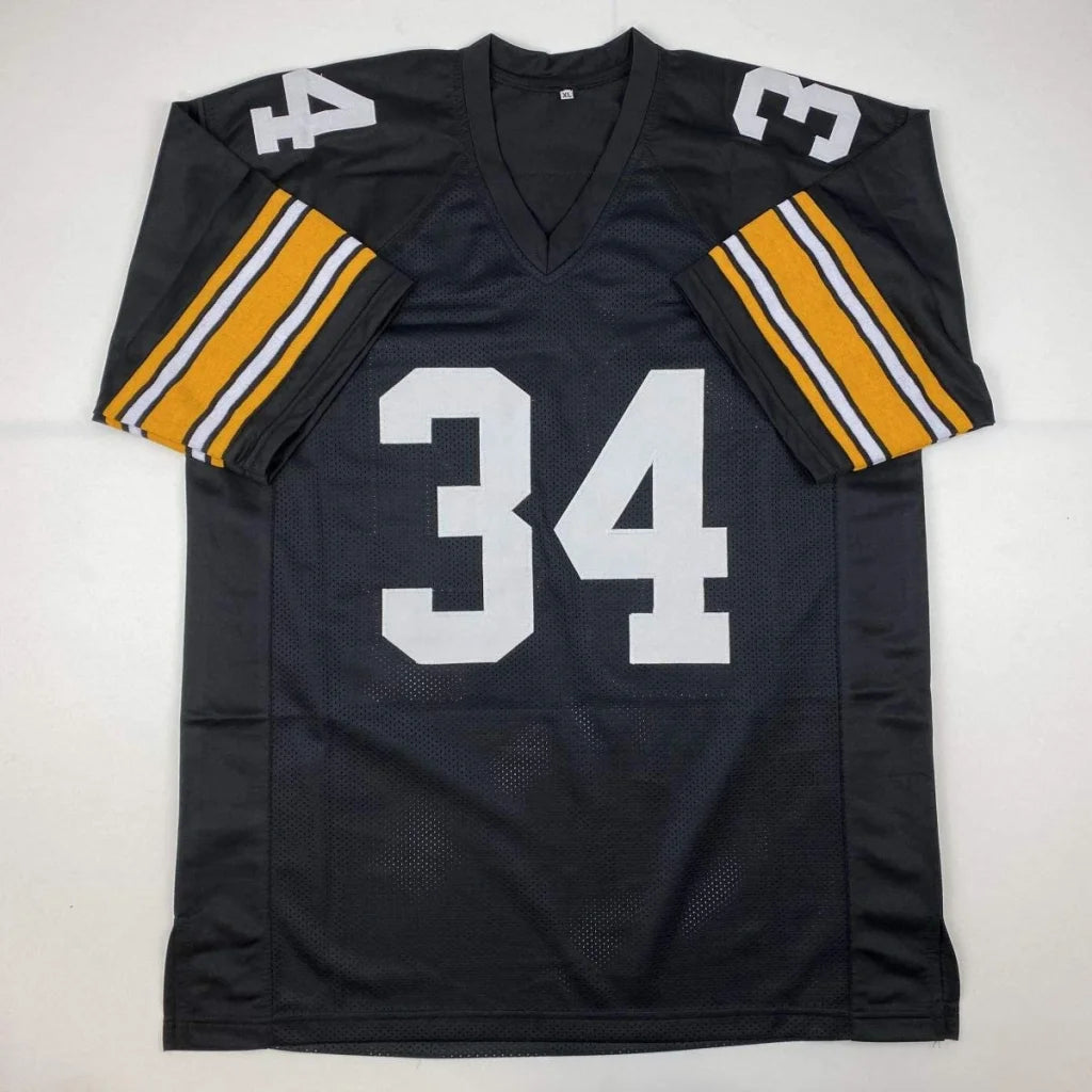 Black custom jersey with white 34 number and yellow white striped sleeves featuring Andy Russell JSA COA, your favorite player