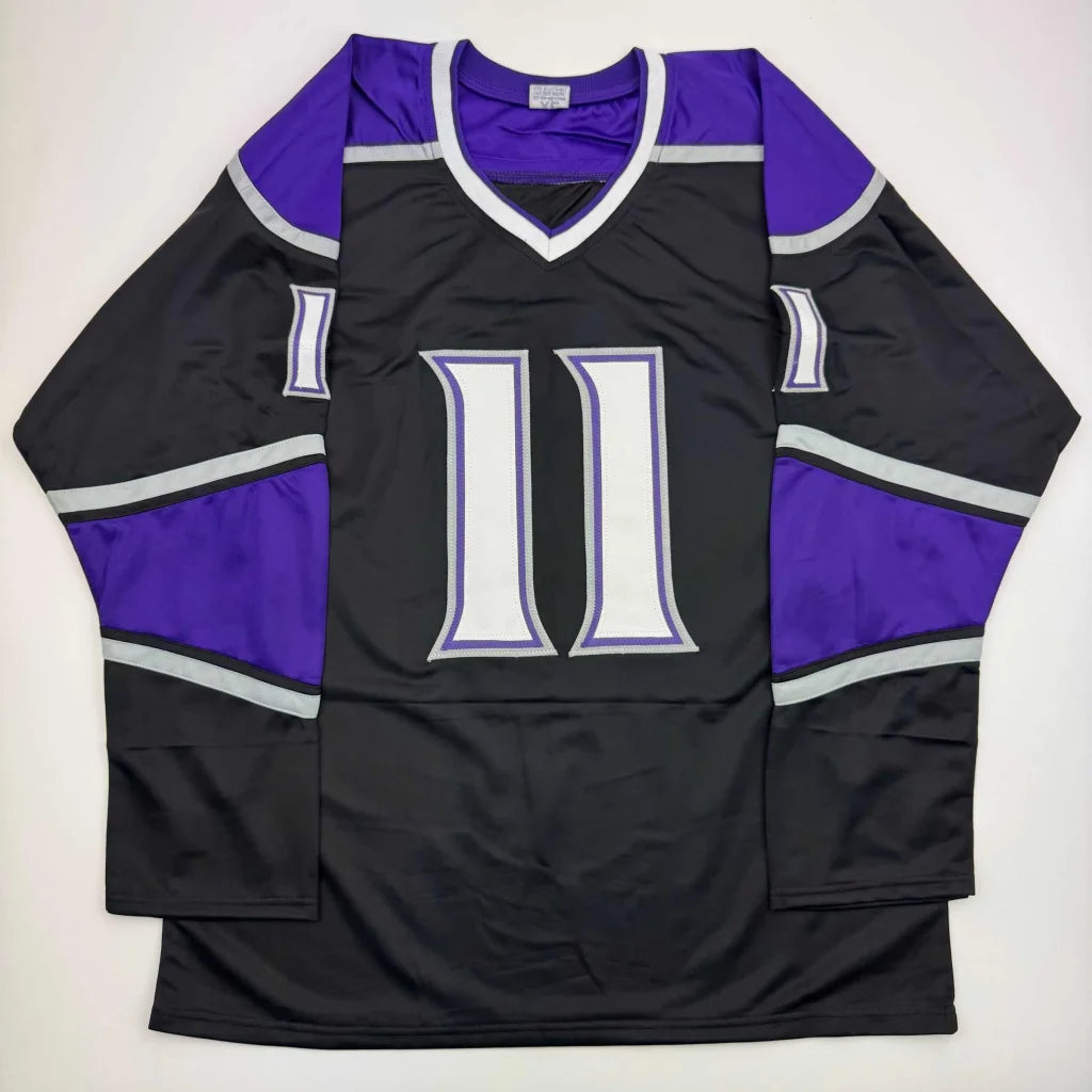 Black purple silver hockey jersey with number 11, perfect for professional sports fans