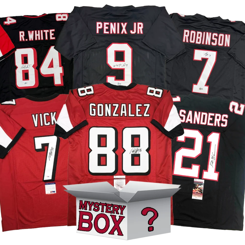 Autographed Atlanta Falcons football jerseys with JSA tags