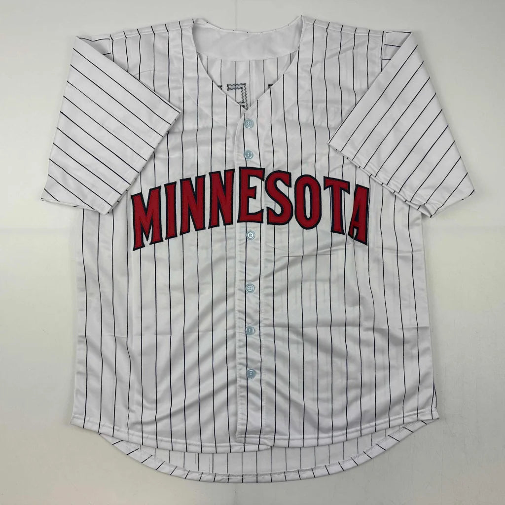 White pinstriped Minnesota baseball jersey from Bert Blyleven custom jersey collection