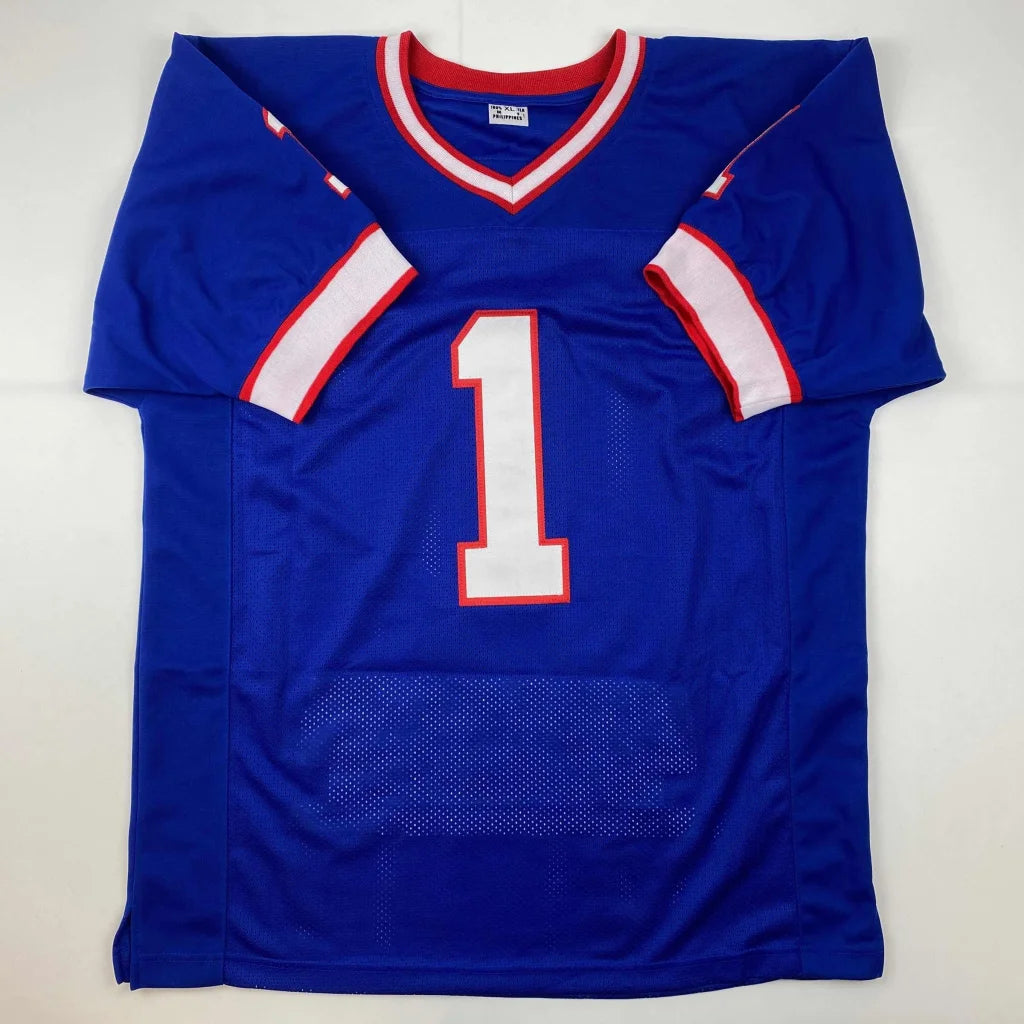 Autographed Bill Parcells royal blue custom jersey, number 1, JSA COA