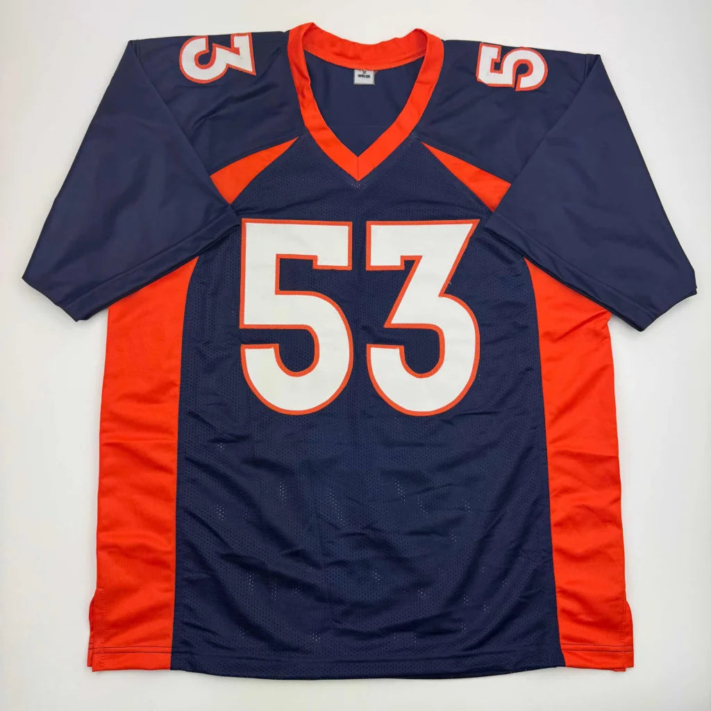 Autographed Bill Romanowski Denver Broncos custom jersey, navy blue with orange accents, number 53, professional sports league