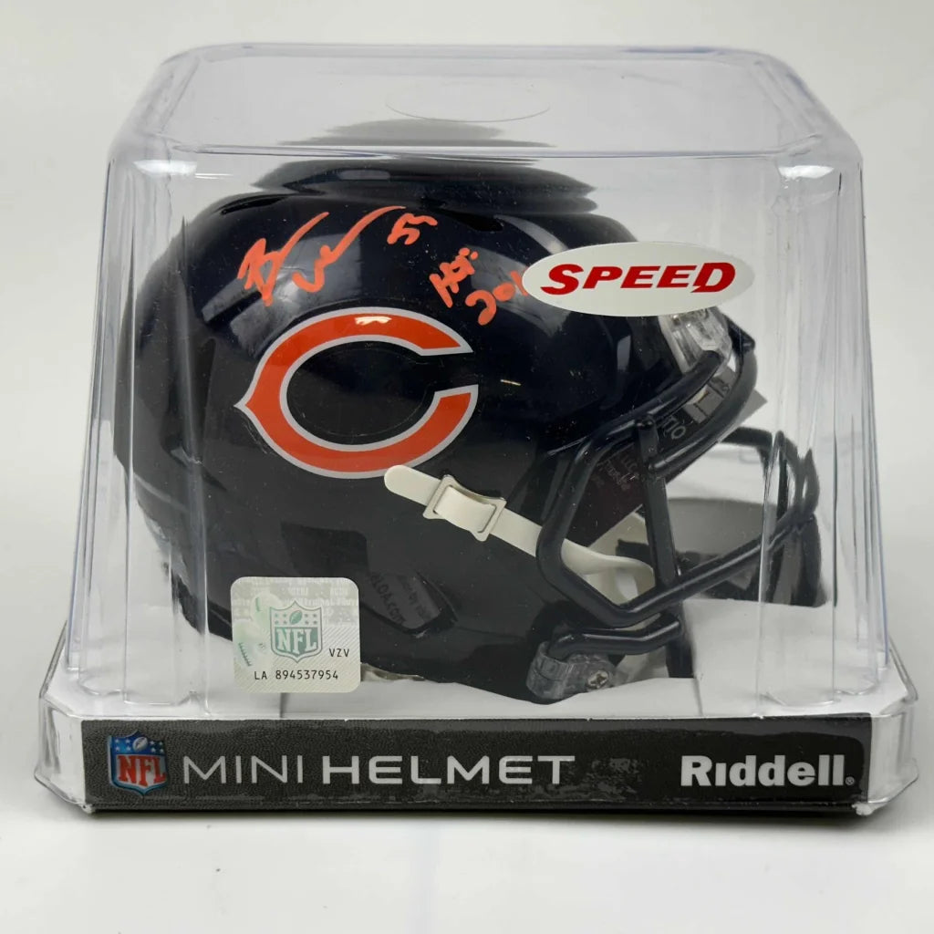 Dark blue Chicago Bears mini helmet with orange C logo and signed autograph with JSA cert
