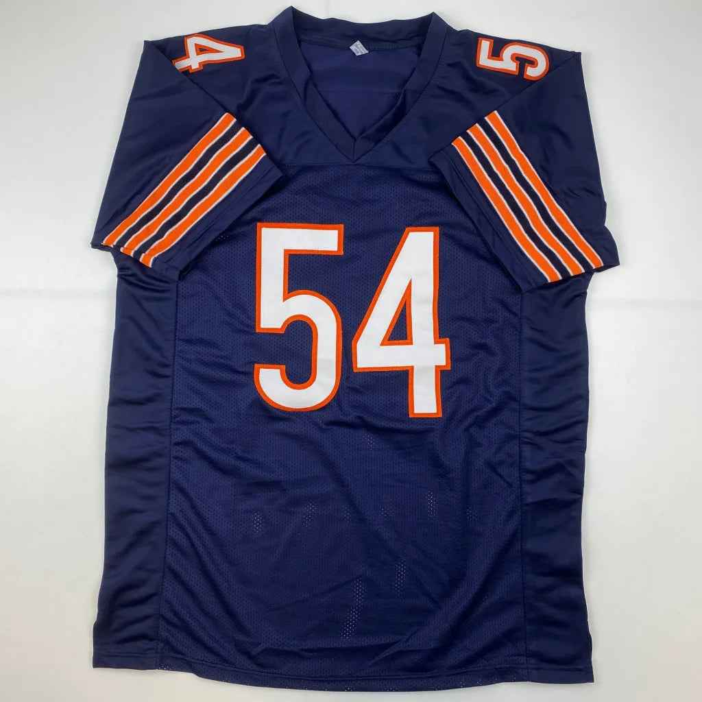 Navy blue Brian Urlacher Bears jersey with orange and white accents for professional sports league fans