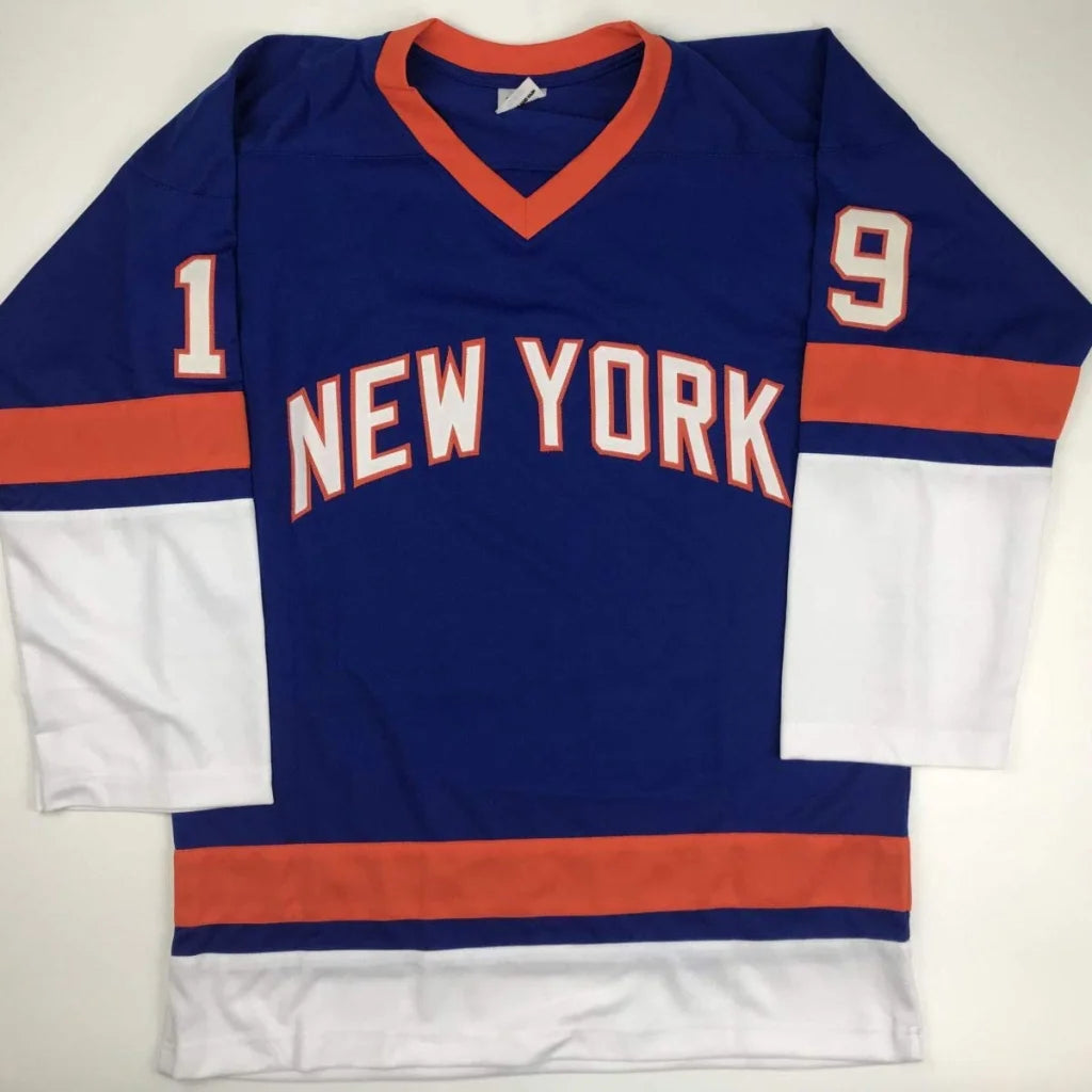 Blue and orange custom hockey jersey from professional sports legend Bryan Trottier
