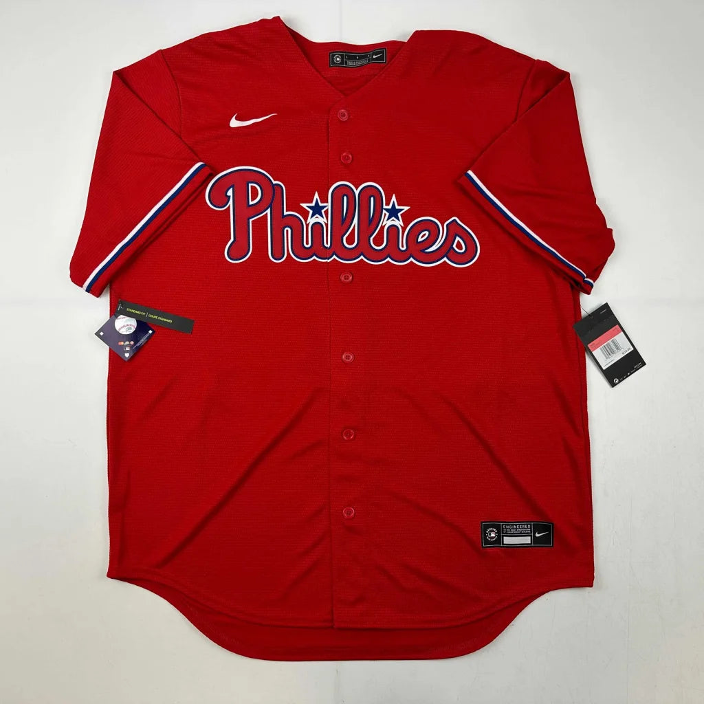 Red Philadelphia Phillies Bryce Harper signed jersey with white and blue trim and certificate