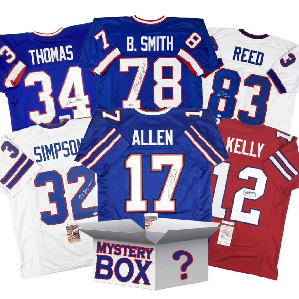Assorted autographed Buffalo football jerseys from the Mystery Box Buffalo Football Jersey Collection