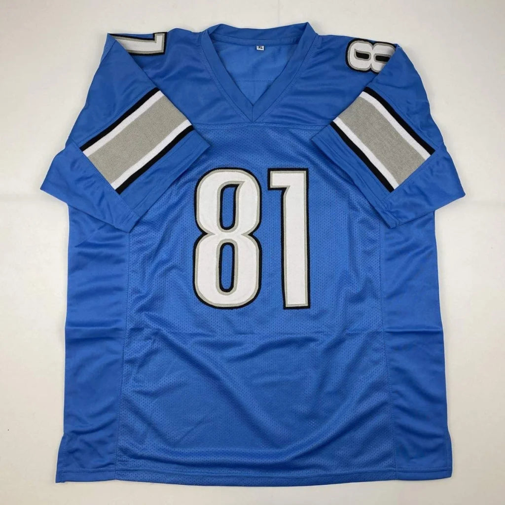 Autographed Calvin Johnson Detroit blue custom jersey with number 81