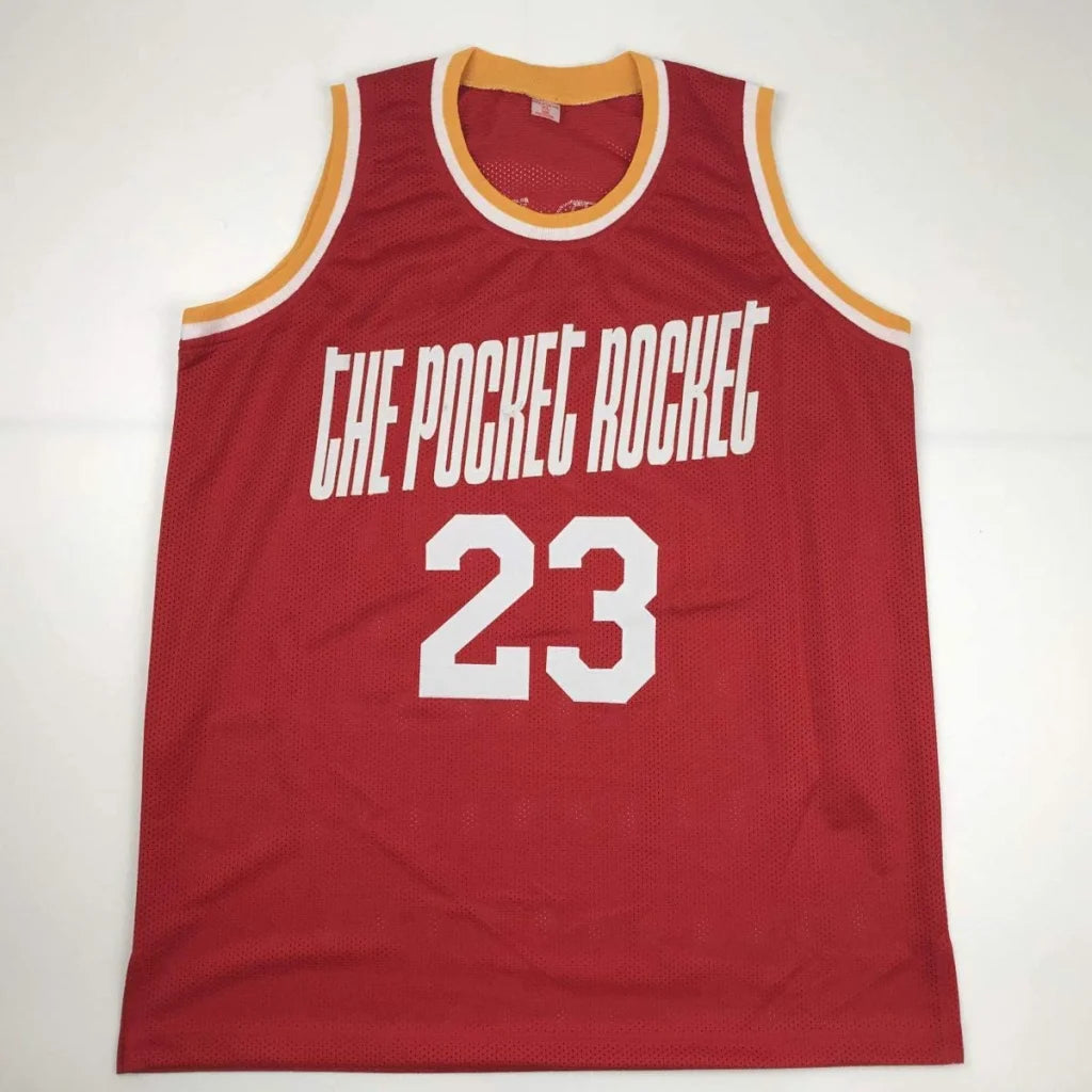 Red basketball jersey with yellow and white trim, authentic third party authentication