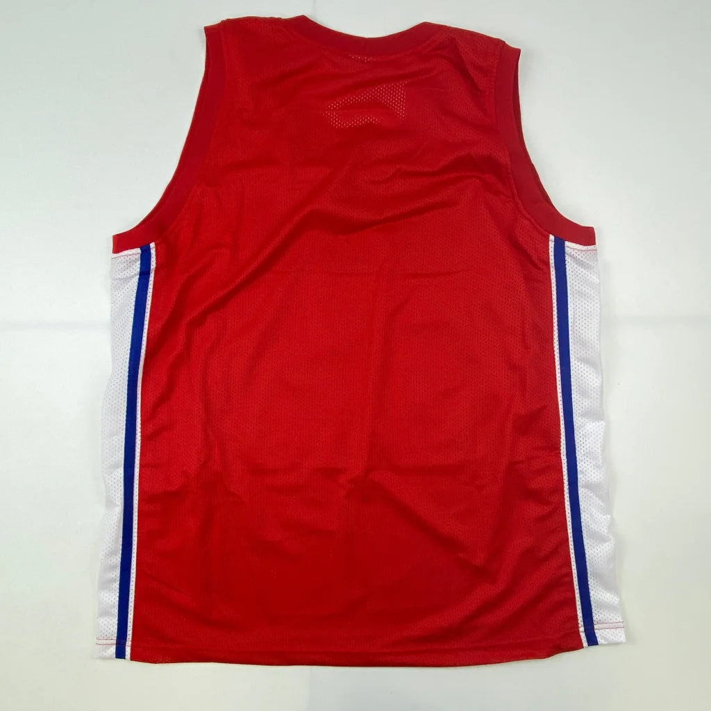 Red sleeveless custom jersey with white and blue stripes for professional sports league