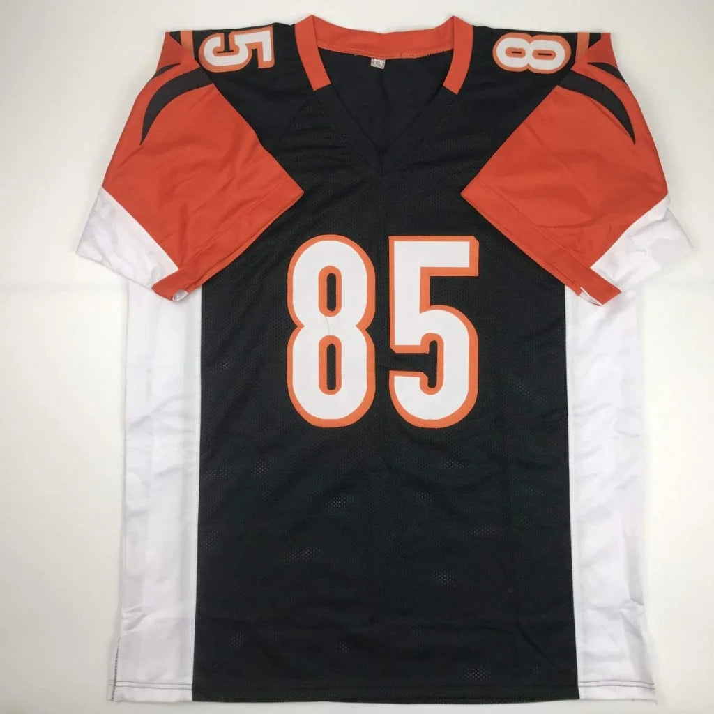 Black orange white custom jersey with number 85 from professional sports league collectible